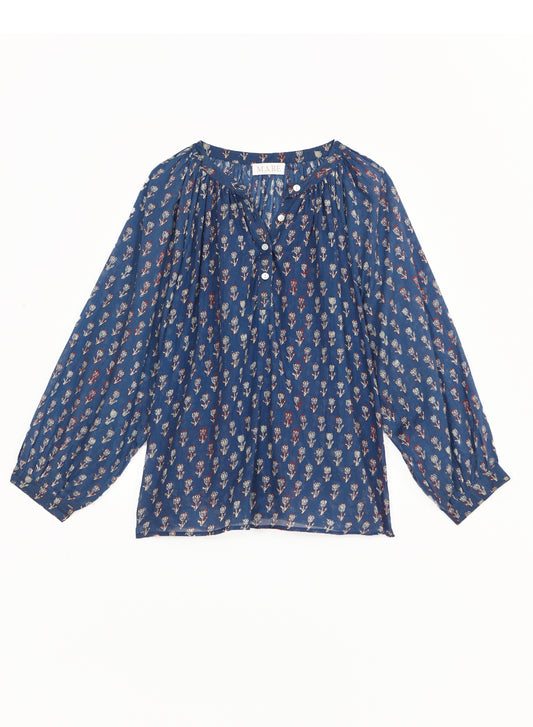 MABE Ari Print Gathered Top - Indigo