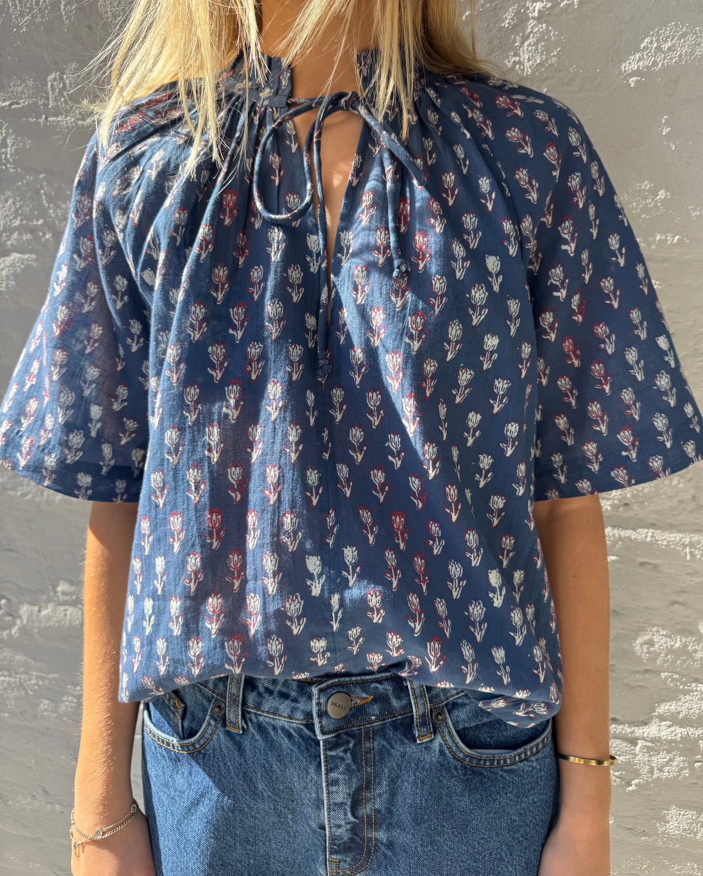 MABE Ari Print Gathered Top - Indigo